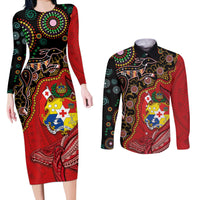 Tonga Ngatu and Australia Together Couples Matching Long Sleeve Bodycon Dress and Long Sleeve Button Shirt Polynesian Humpback Whale and Aboriginal Kangaroo LT03 Red - Polynesian Pride
