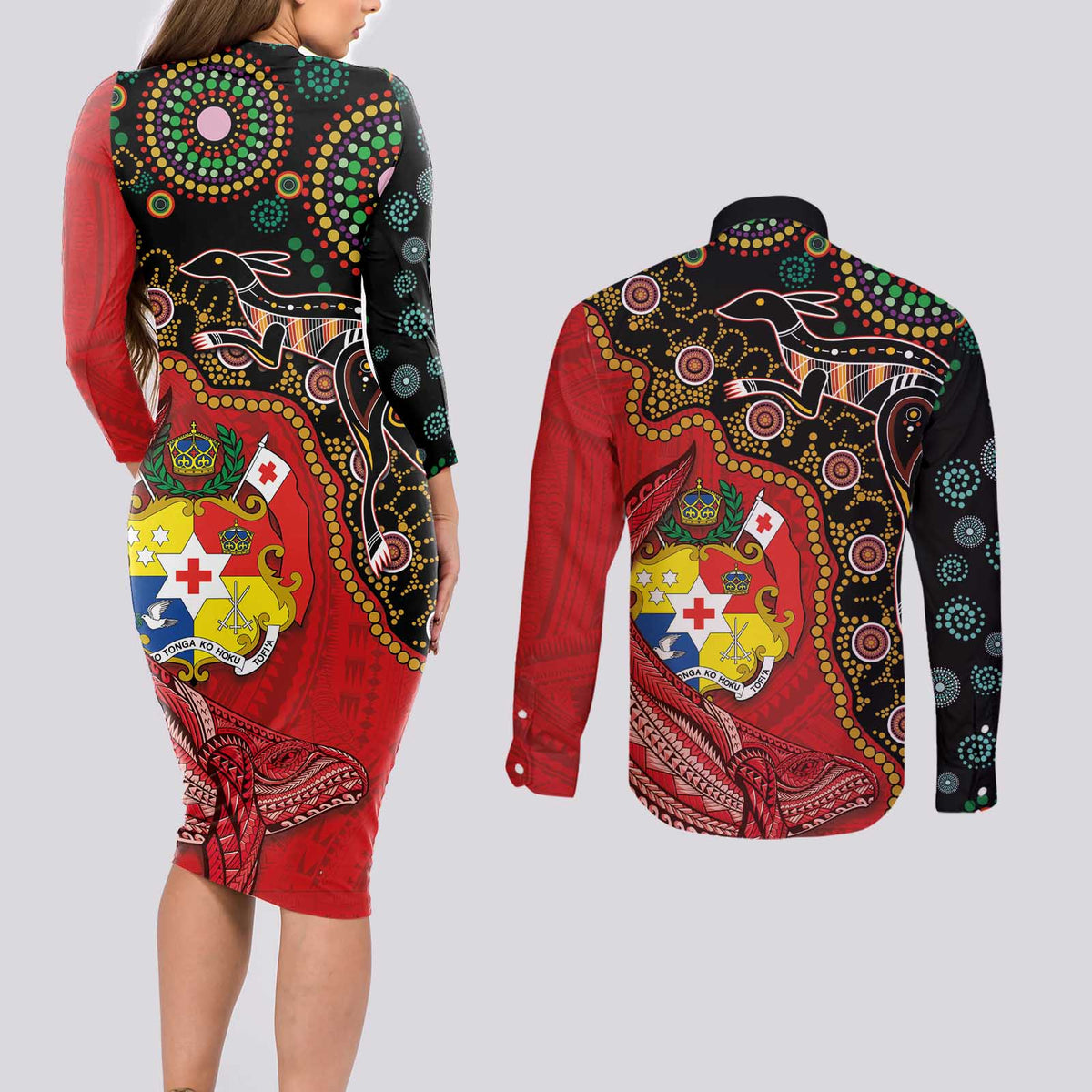 Tonga Ngatu and Australia Together Couples Matching Long Sleeve Bodycon Dress and Long Sleeve Button Shirt Polynesian Humpback Whale and Aboriginal Kangaroo LT03 - Polynesian Pride