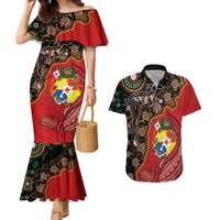 Tonga Ngatu and Australia Together Couples Matching Mermaid Dress and Hawaiian Shirt Polynesian Humpback Whale and Aboriginal Kangaroo LT03 Red - Polynesian Pride