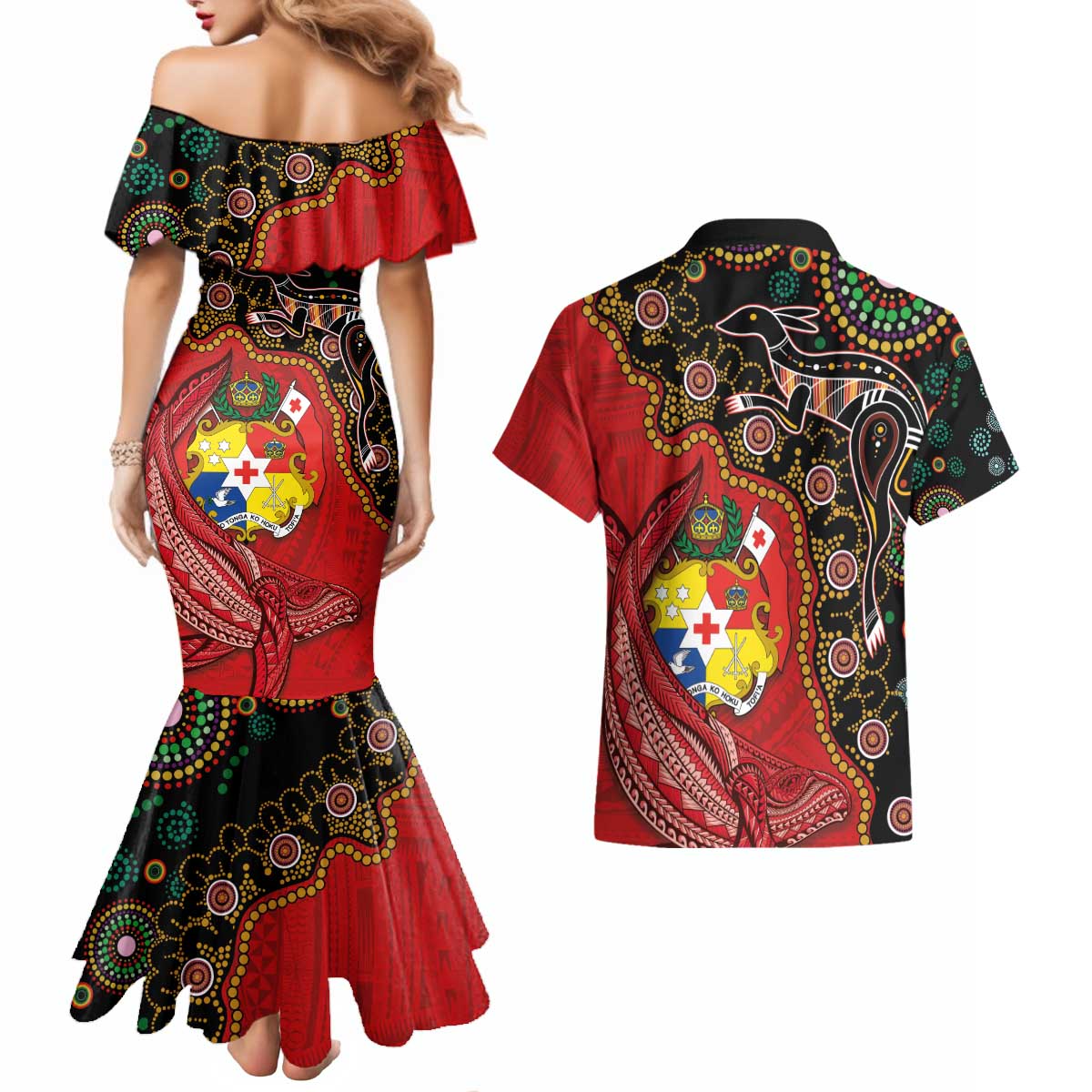 Tonga Ngatu and Australia Together Couples Matching Mermaid Dress and Hawaiian Shirt Polynesian Humpback Whale and Aboriginal Kangaroo LT03 - Polynesian Pride