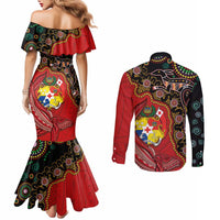 Tonga Ngatu and Australia Together Couples Matching Mermaid Dress and Long Sleeve Button Shirt Polynesian Humpback Whale and Aboriginal Kangaroo LT03 - Polynesian Pride