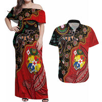 Tonga Ngatu and Australia Together Couples Matching Off Shoulder Maxi Dress and Hawaiian Shirt Polynesian Humpback Whale and Aboriginal Kangaroo LT03 Red - Polynesian Pride