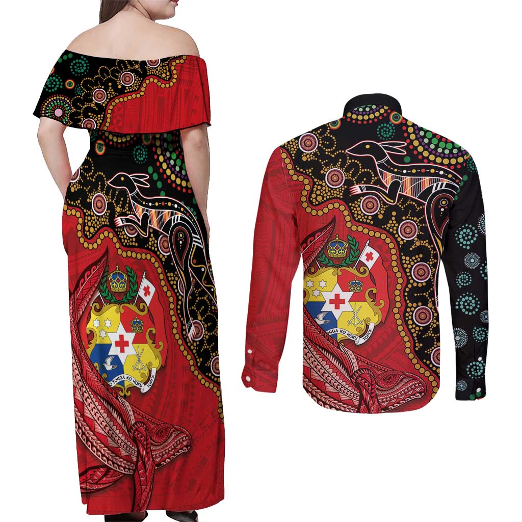 Tonga Ngatu and Australia Together Couples Matching Off Shoulder Maxi Dress and Long Sleeve Button Shirt Polynesian Humpback Whale and Aboriginal Kangaroo LT03 - Polynesian Pride