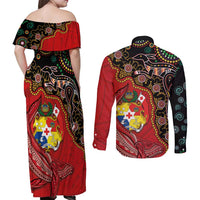 Tonga Ngatu and Australia Together Couples Matching Off Shoulder Maxi Dress and Long Sleeve Button Shirt Polynesian Humpback Whale and Aboriginal Kangaroo LT03 - Polynesian Pride