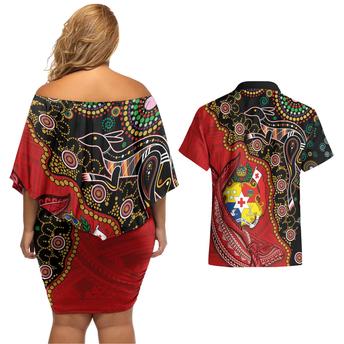 Tonga Ngatu and Australia Together Couples Matching Off Shoulder Short Dress and Hawaiian Shirt Polynesian Humpback Whale and Aboriginal Kangaroo LT03 - Polynesian Pride