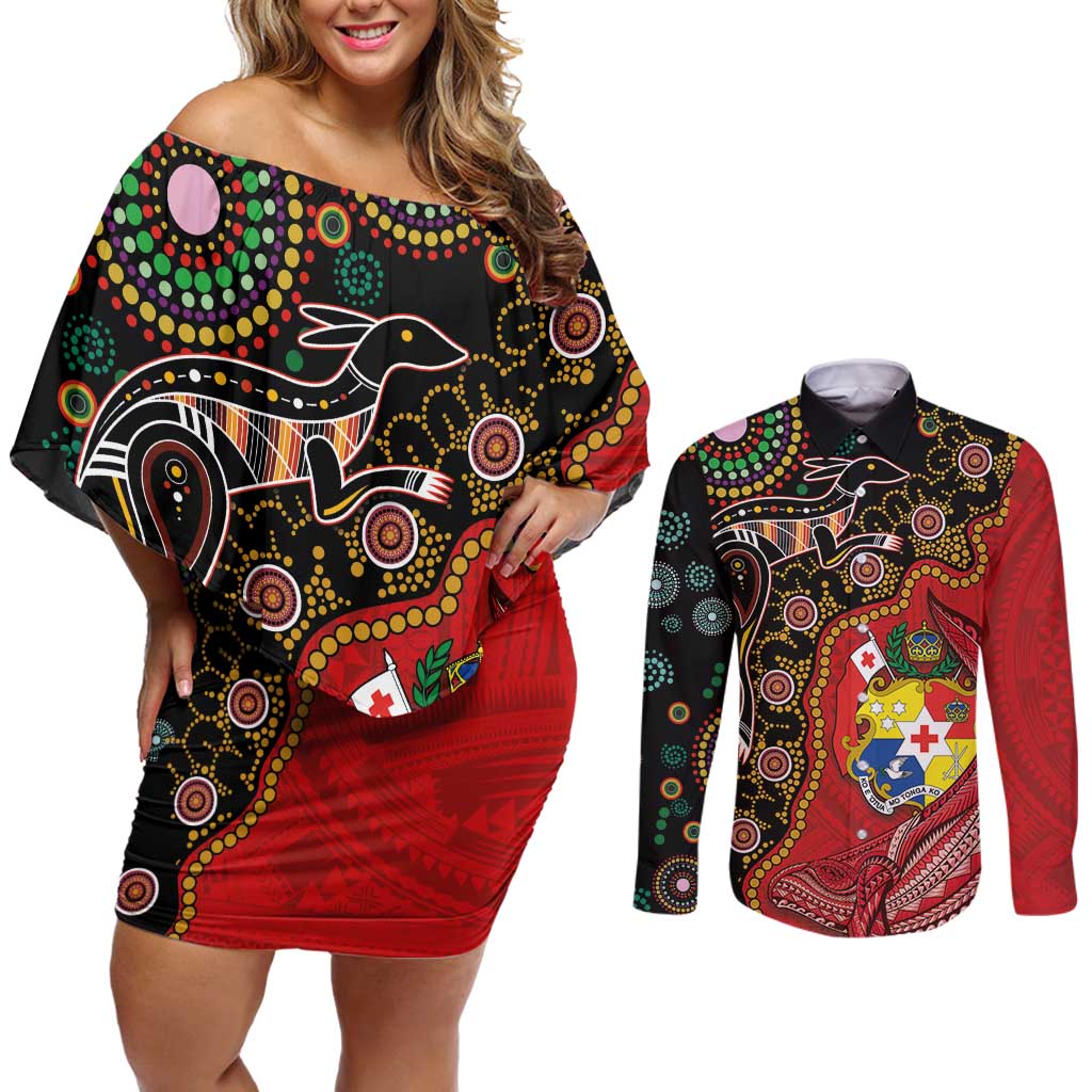 Tonga Ngatu and Australia Together Couples Matching Off Shoulder Short Dress and Long Sleeve Button Shirt Polynesian Humpback Whale and Aboriginal Kangaroo LT03 Red - Polynesian Pride