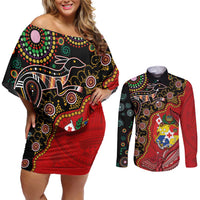 Tonga Ngatu and Australia Together Couples Matching Off Shoulder Short Dress and Long Sleeve Button Shirt Polynesian Humpback Whale and Aboriginal Kangaroo LT03 Red - Polynesian Pride