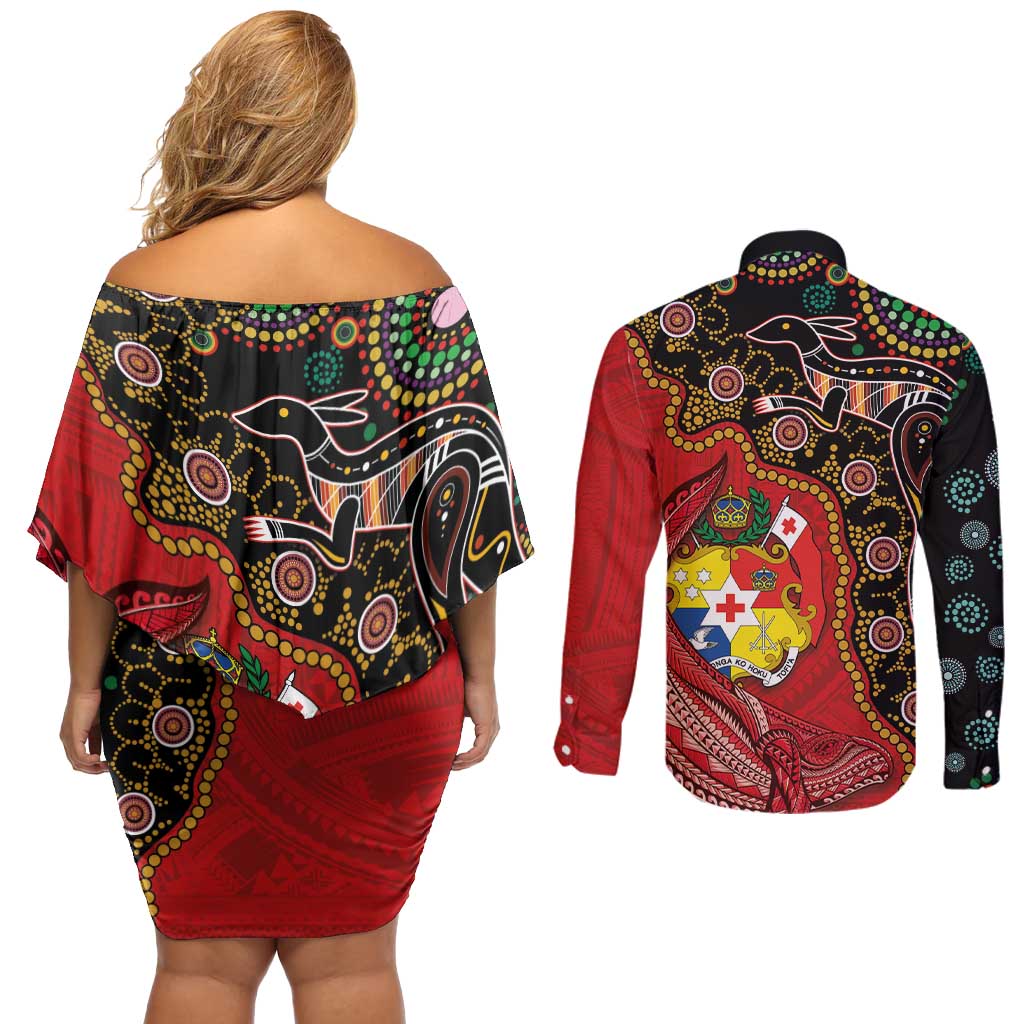 Tonga Ngatu and Australia Together Couples Matching Off Shoulder Short Dress and Long Sleeve Button Shirt Polynesian Humpback Whale and Aboriginal Kangaroo LT03 - Polynesian Pride