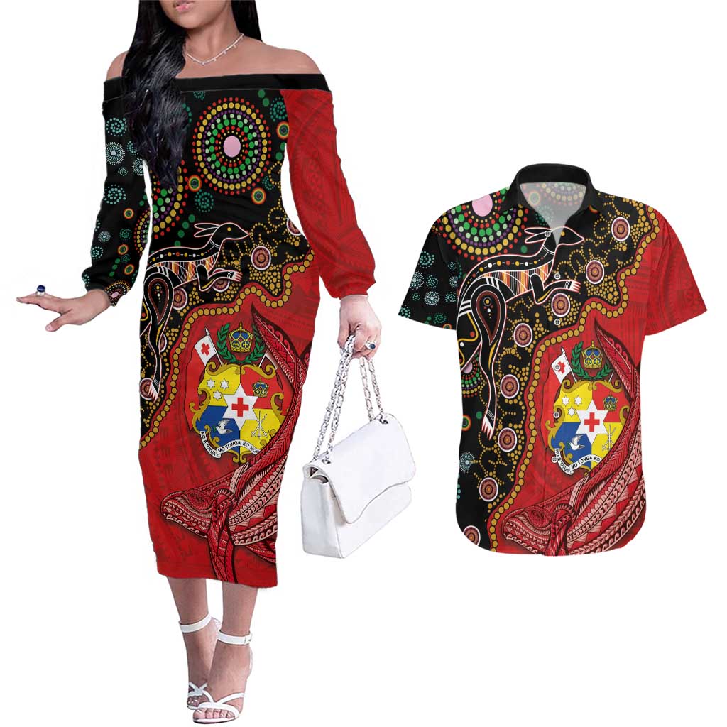 Tonga Ngatu and Australia Together Couples Matching Off The Shoulder Long Sleeve Dress and Hawaiian Shirt Polynesian Humpback Whale and Aboriginal Kangaroo LT03 Red - Polynesian Pride