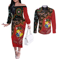 Tonga Ngatu and Australia Together Couples Matching Off The Shoulder Long Sleeve Dress and Long Sleeve Button Shirt Polynesian Humpback Whale and Aboriginal Kangaroo LT03 Red - Polynesian Pride