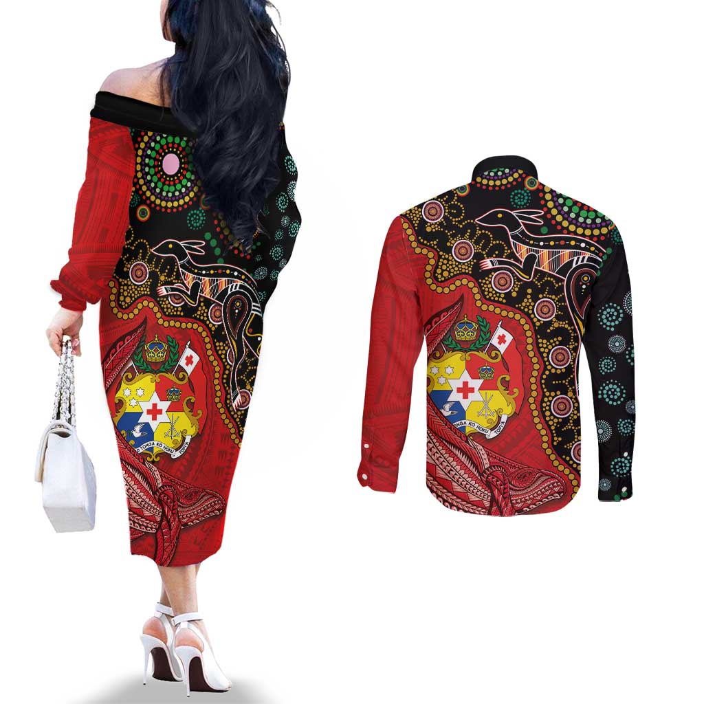 Tonga Ngatu and Australia Together Couples Matching Off The Shoulder Long Sleeve Dress and Long Sleeve Button Shirt Polynesian Humpback Whale and Aboriginal Kangaroo LT03 - Polynesian Pride