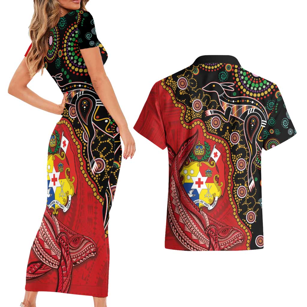 Tonga Ngatu and Australia Together Couples Matching Short Sleeve Bodycon Dress and Hawaiian Shirt Polynesian Humpback Whale and Aboriginal Kangaroo LT03 - Polynesian Pride