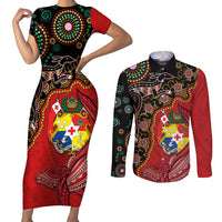 Tonga Ngatu and Australia Together Couples Matching Short Sleeve Bodycon Dress and Long Sleeve Button Shirt Polynesian Humpback Whale and Aboriginal Kangaroo LT03 Red - Polynesian Pride