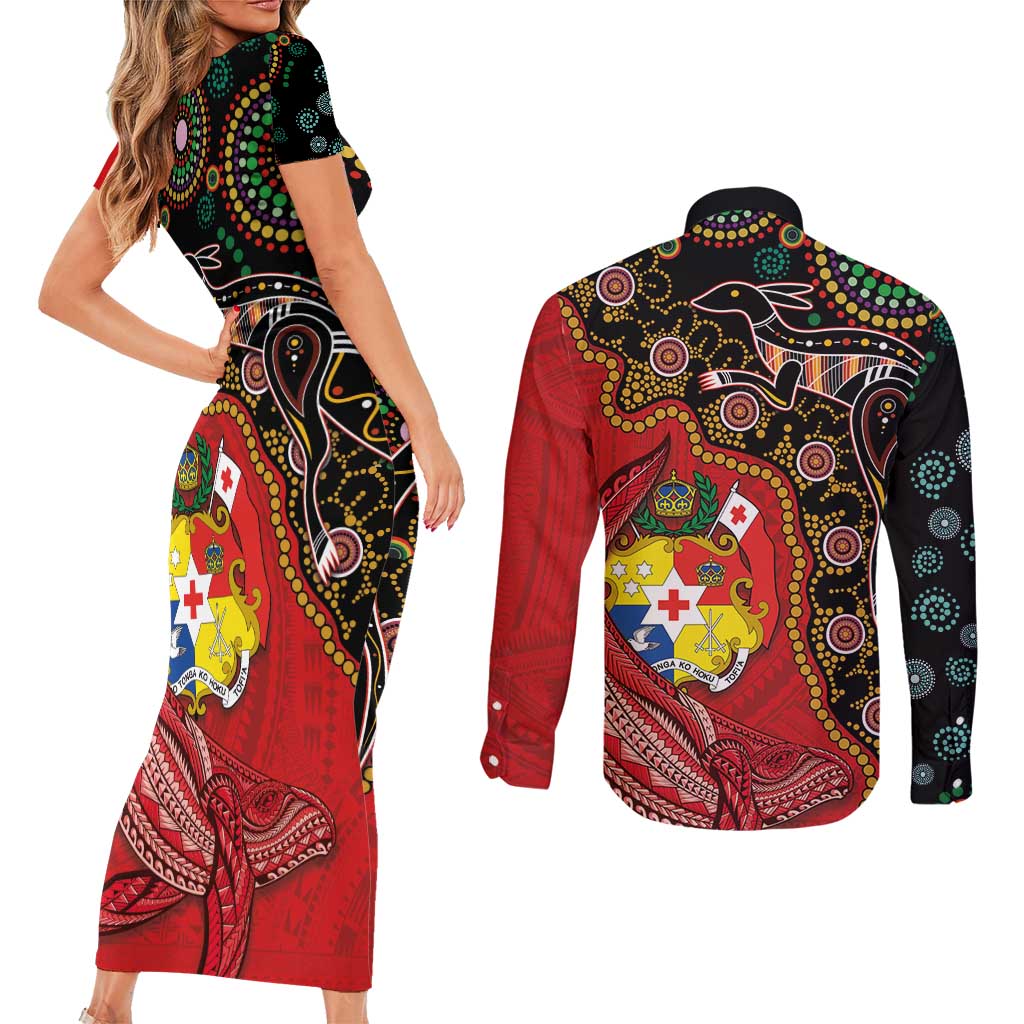 Tonga Ngatu and Australia Together Couples Matching Short Sleeve Bodycon Dress and Long Sleeve Button Shirt Polynesian Humpback Whale and Aboriginal Kangaroo LT03 - Polynesian Pride