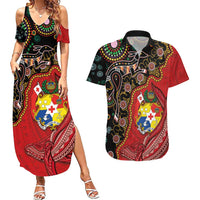 Tonga Ngatu and Australia Together Couples Matching Summer Maxi Dress and Hawaiian Shirt Polynesian Humpback Whale and Aboriginal Kangaroo LT03 Red - Polynesian Pride