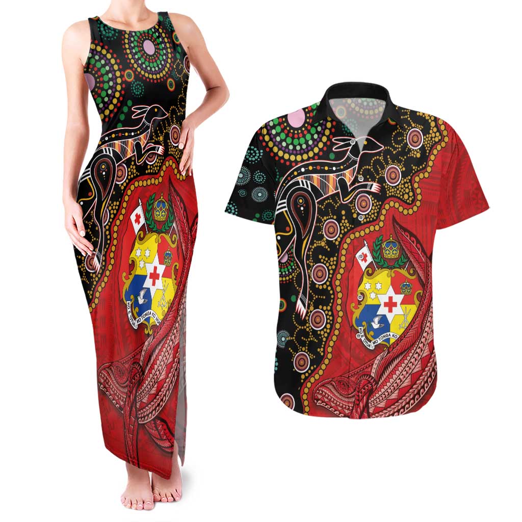 Tonga Ngatu and Australia Together Couples Matching Tank Maxi Dress and Hawaiian Shirt Polynesian Humpback Whale and Aboriginal Kangaroo LT03 Red - Polynesian Pride