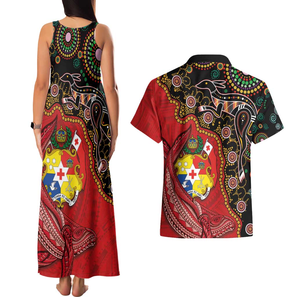 Tonga Ngatu and Australia Together Couples Matching Tank Maxi Dress and Hawaiian Shirt Polynesian Humpback Whale and Aboriginal Kangaroo LT03 - Polynesian Pride