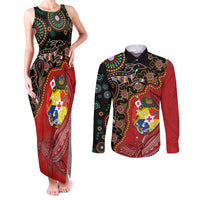 Tonga Ngatu and Australia Together Couples Matching Tank Maxi Dress and Long Sleeve Button Shirt Polynesian Humpback Whale and Aboriginal Kangaroo LT03 Red - Polynesian Pride