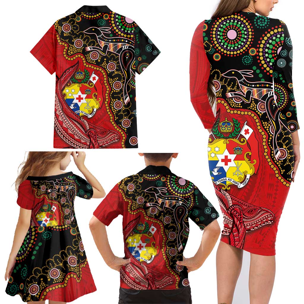 Tonga Ngatu and Australia Together Family Matching Long Sleeve Bodycon Dress and Hawaiian Shirt Polynesian Humpback Whale and Aboriginal Kangaroo LT03 - Polynesian Pride