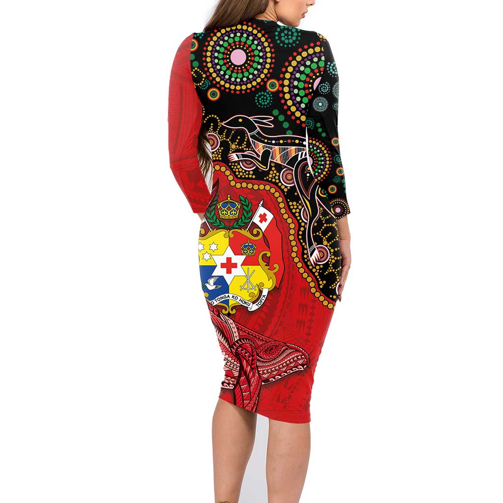 Tonga Ngatu and Australia Together Family Matching Long Sleeve Bodycon Dress and Hawaiian Shirt Polynesian Humpback Whale and Aboriginal Kangaroo LT03 - Polynesian Pride