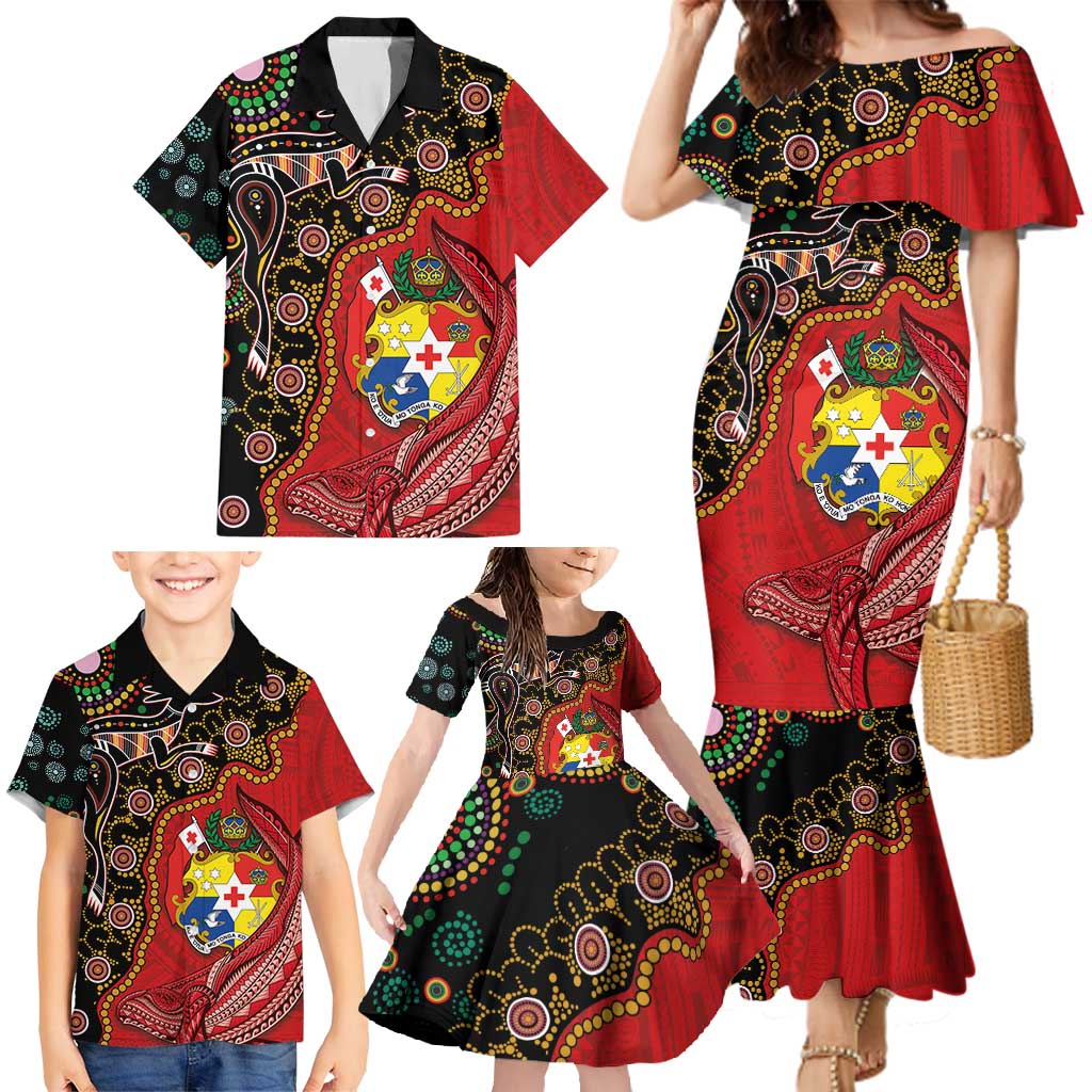 Tonga Ngatu and Australia Together Family Matching Mermaid Dress and Hawaiian Shirt Polynesian Humpback Whale and Aboriginal Kangaroo LT03 - Polynesian Pride