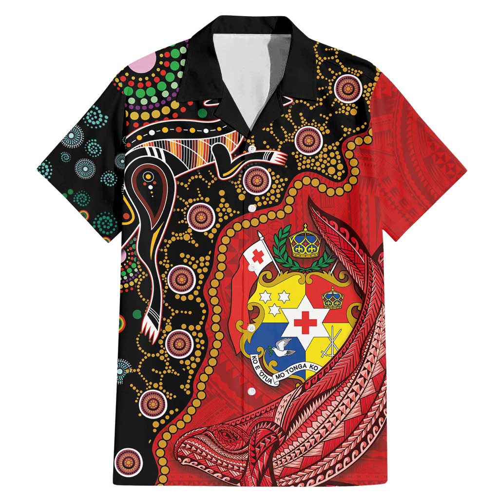 Tonga Ngatu and Australia Together Family Matching Mermaid Dress and Hawaiian Shirt Polynesian Humpback Whale and Aboriginal Kangaroo LT03 Dad's Shirt - Short Sleeve Red - Polynesian Pride