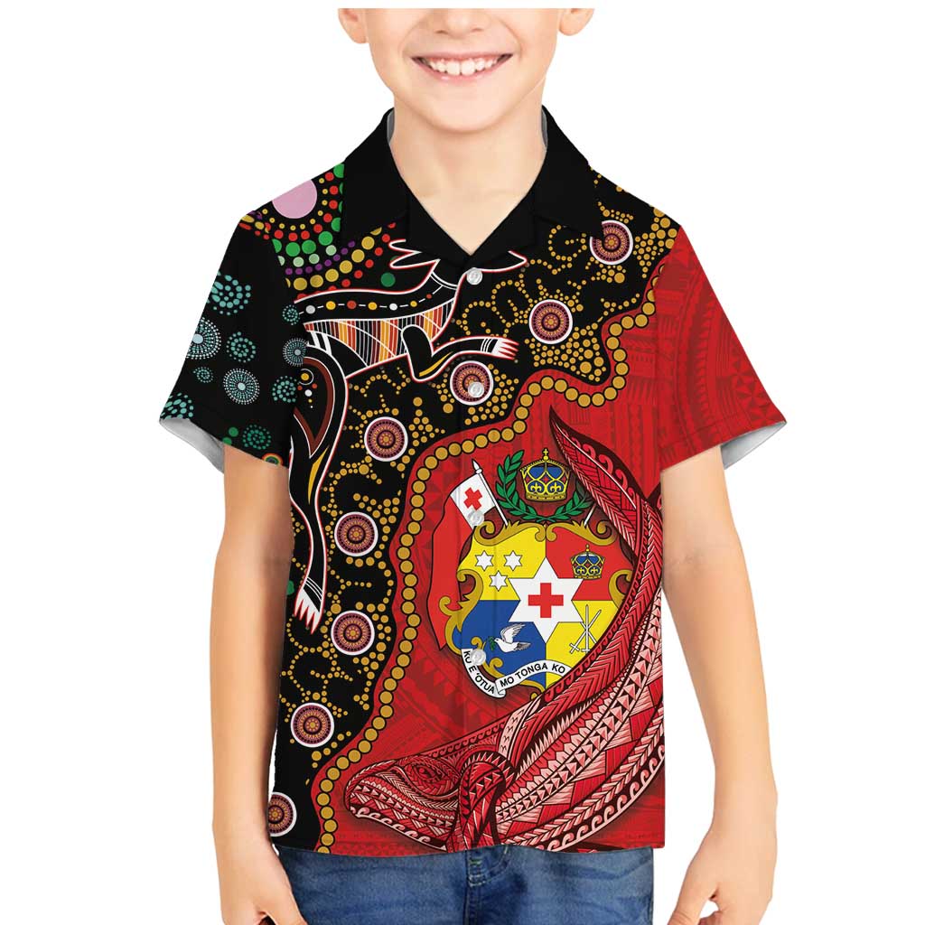 Tonga Ngatu and Australia Together Family Matching Mermaid Dress and Hawaiian Shirt Polynesian Humpback Whale and Aboriginal Kangaroo LT03 Son's Shirt Red - Polynesian Pride
