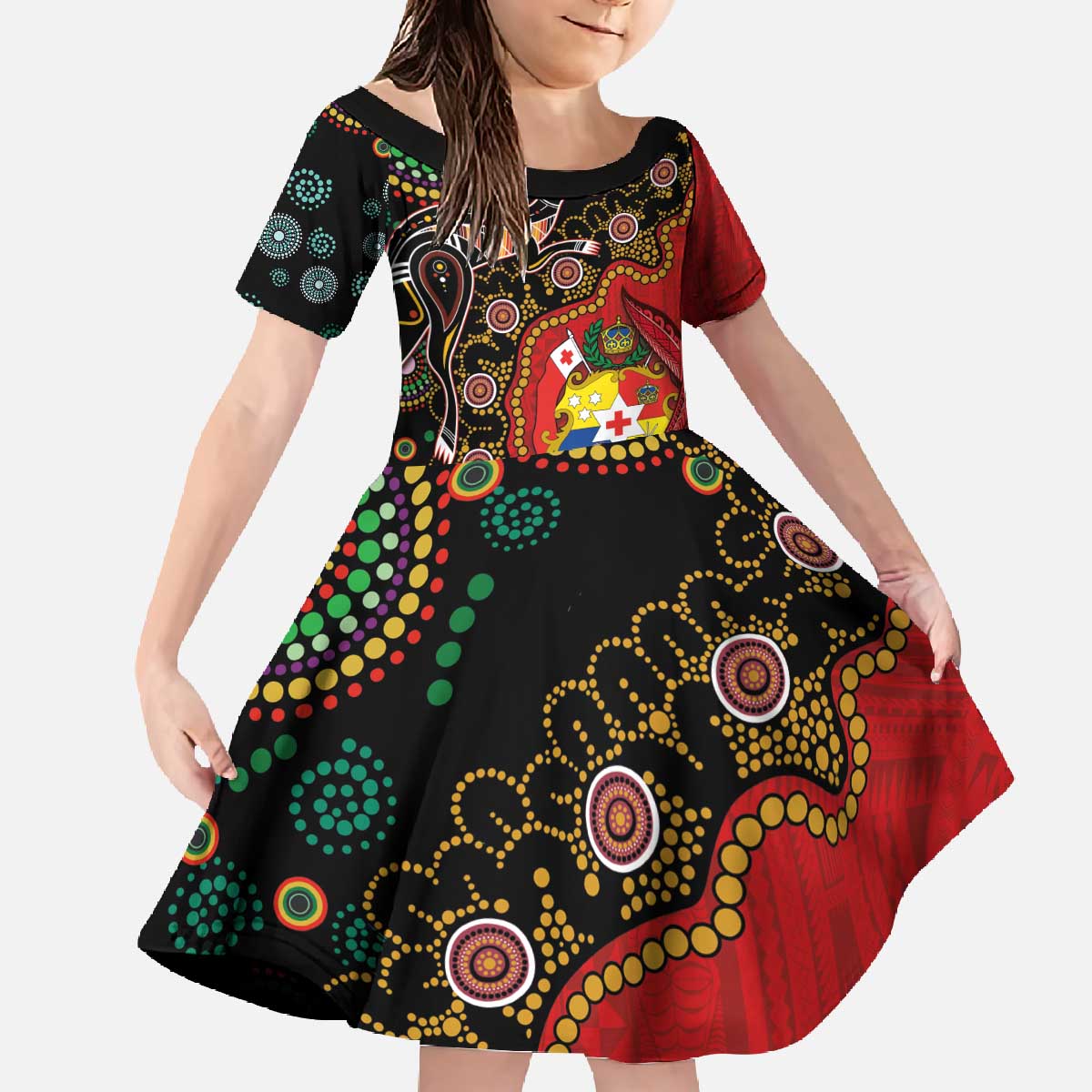 Tonga Ngatu and Australia Together Family Matching Off The Shoulder Long Sleeve Dress and Hawaiian Shirt Polynesian Humpback Whale and Aboriginal Kangaroo LT03 Daughter's Dress Red - Polynesian Pride