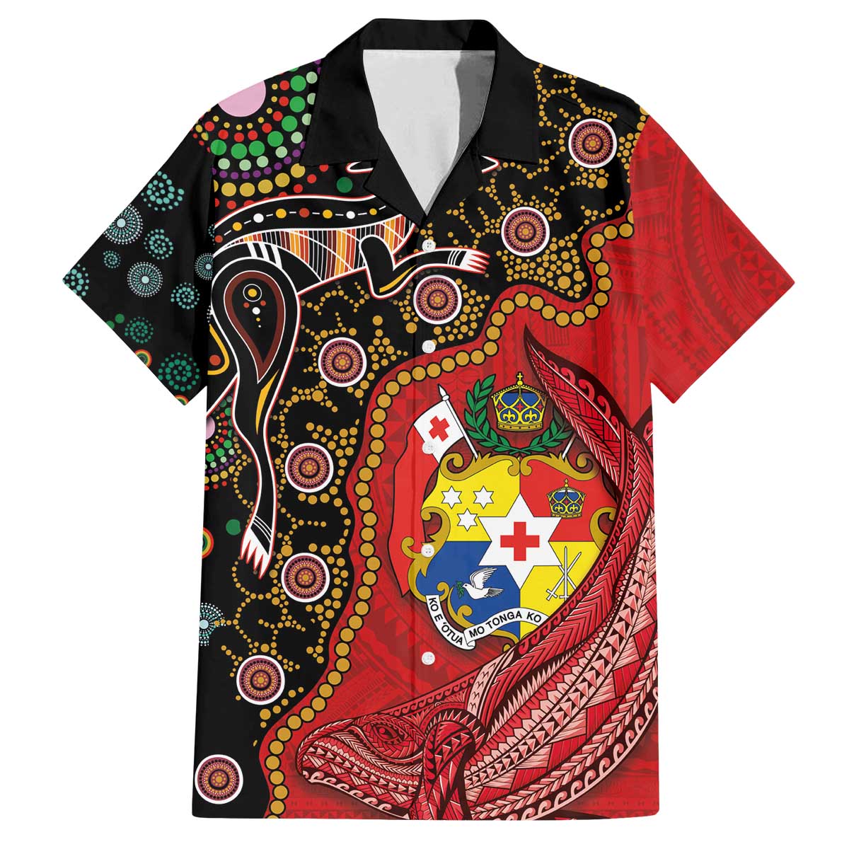 Tonga Ngatu and Australia Together Family Matching Off The Shoulder Long Sleeve Dress and Hawaiian Shirt Polynesian Humpback Whale and Aboriginal Kangaroo LT03 Dad's Shirt - Short Sleeve Red - Polynesian Pride