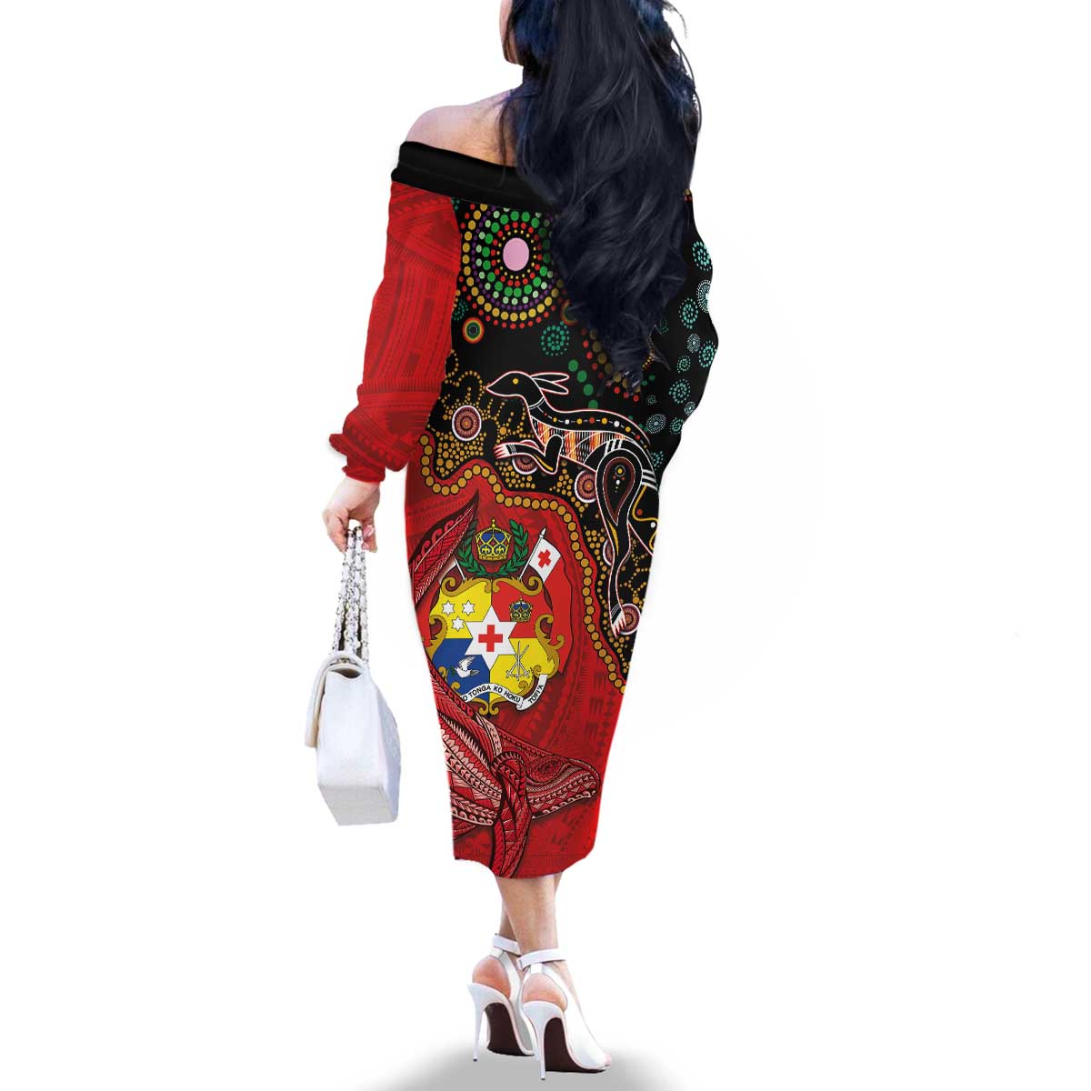 Tonga Ngatu and Australia Together Family Matching Off The Shoulder Long Sleeve Dress and Hawaiian Shirt Polynesian Humpback Whale and Aboriginal Kangaroo LT03 - Polynesian Pride