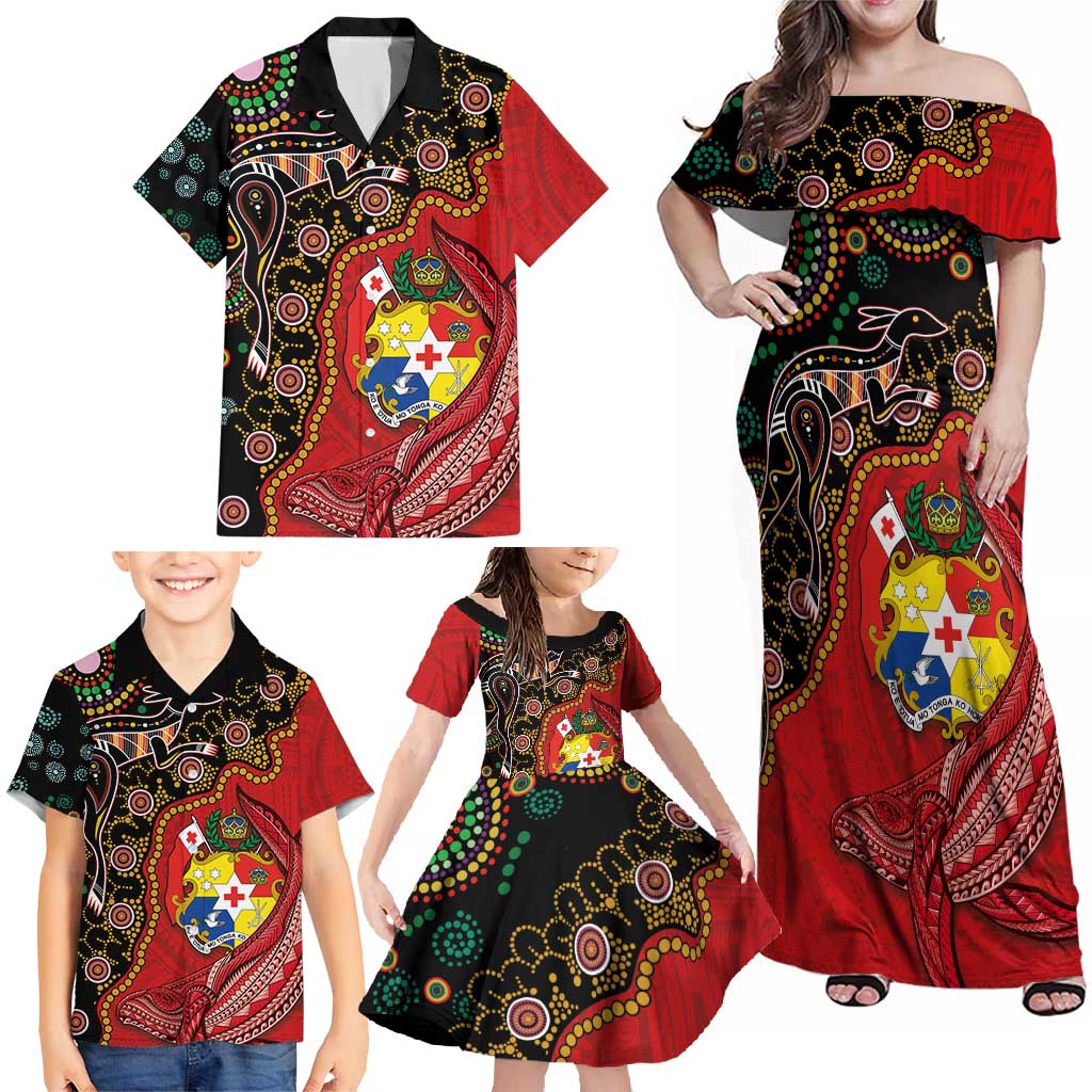 Tonga Ngatu and Australia Together Family Matching Off Shoulder Maxi Dress and Hawaiian Shirt Polynesian Humpback Whale and Aboriginal Kangaroo LT03 - Polynesian Pride