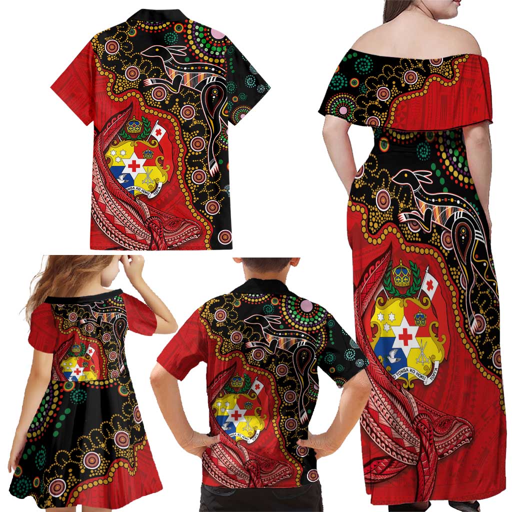 Tonga Ngatu and Australia Together Family Matching Off Shoulder Maxi Dress and Hawaiian Shirt Polynesian Humpback Whale and Aboriginal Kangaroo LT03 - Polynesian Pride