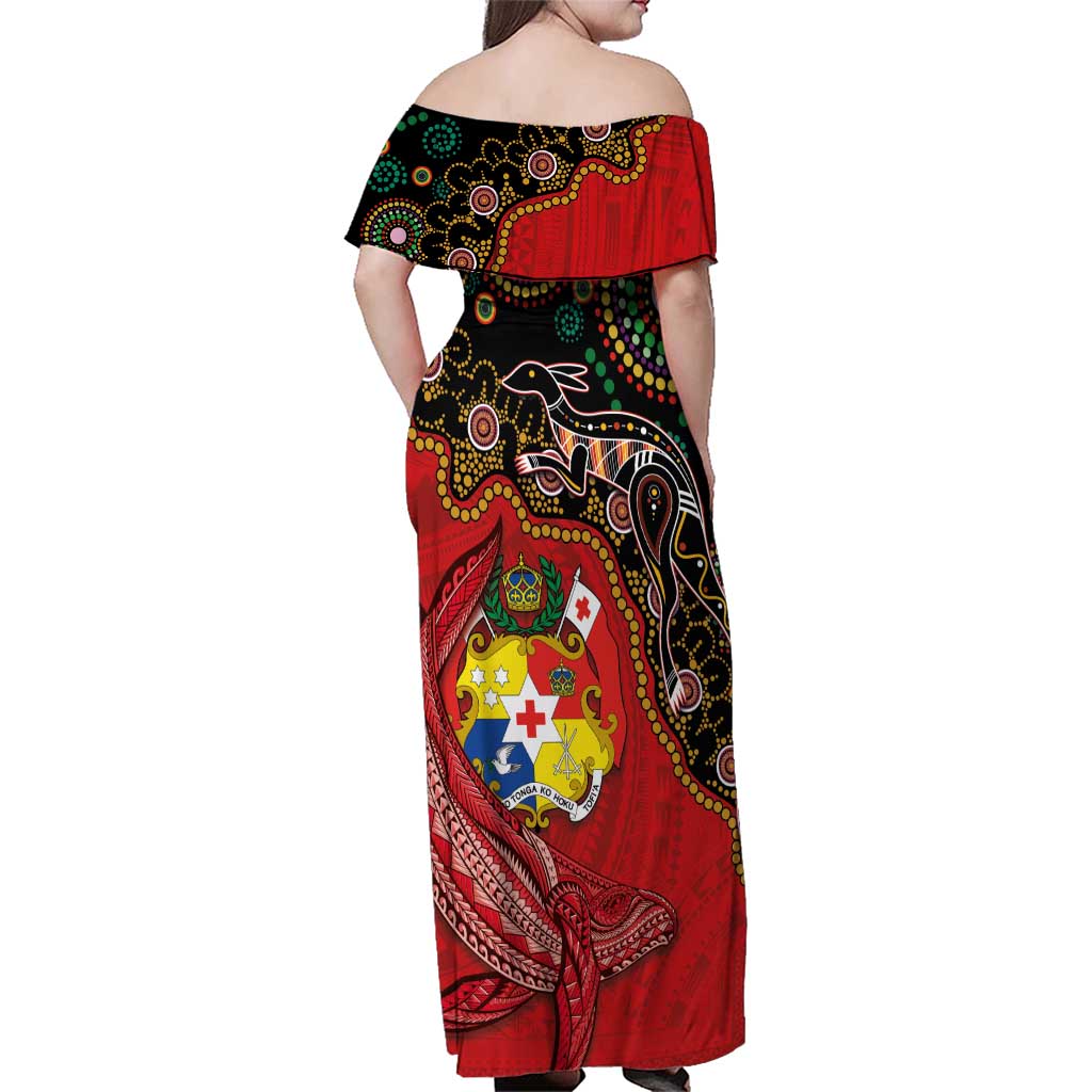 Tonga Ngatu and Australia Together Family Matching Off Shoulder Maxi Dress and Hawaiian Shirt Polynesian Humpback Whale and Aboriginal Kangaroo LT03 - Polynesian Pride