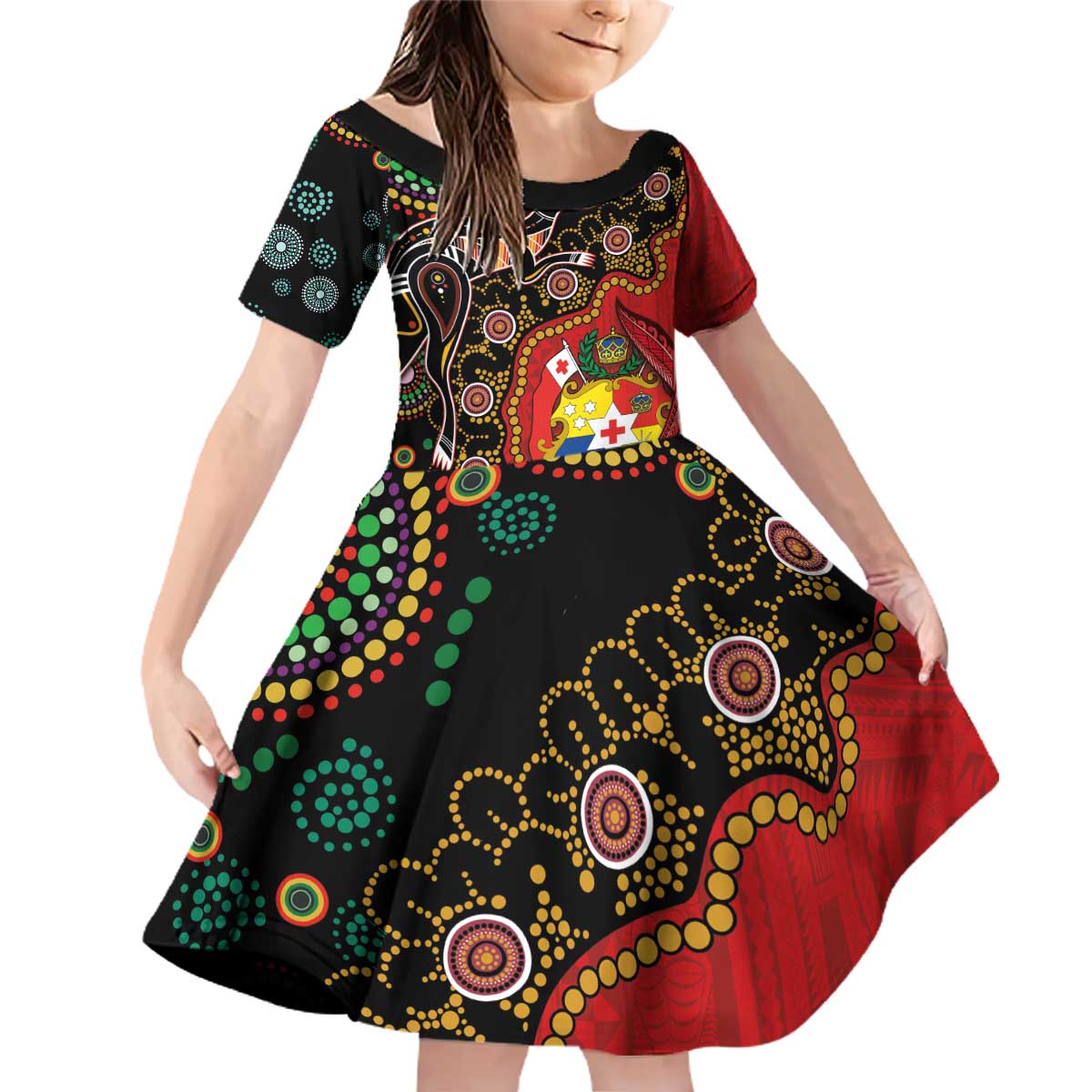 Tonga Ngatu and Australia Together Family Matching Off Shoulder Short Dress and Hawaiian Shirt Polynesian Humpback Whale and Aboriginal Kangaroo LT03 Daughter's Dress Red - Polynesian Pride