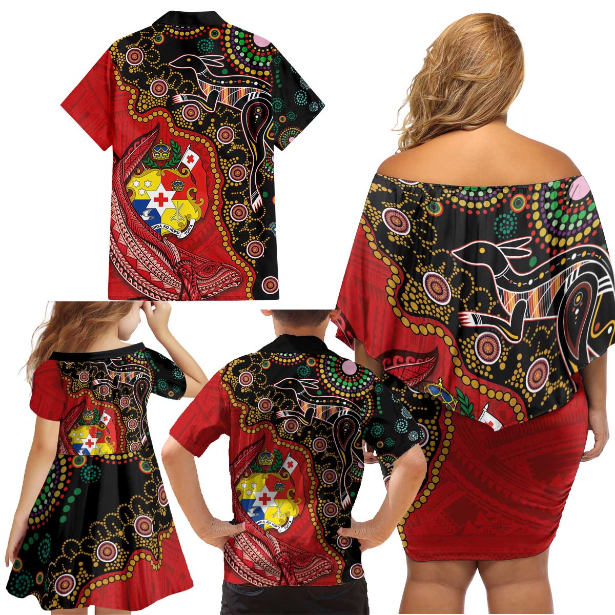 Tonga Ngatu and Australia Together Family Matching Off Shoulder Short Dress and Hawaiian Shirt Polynesian Humpback Whale and Aboriginal Kangaroo LT03 - Polynesian Pride
