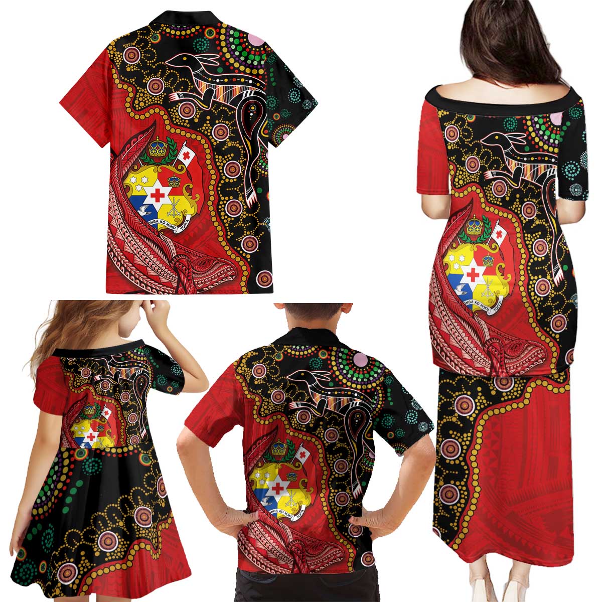 Tonga Ngatu and Australia Together Family Matching Puletasi and Hawaiian Shirt Polynesian Humpback Whale and Aboriginal Kangaroo LT03 - Polynesian Pride