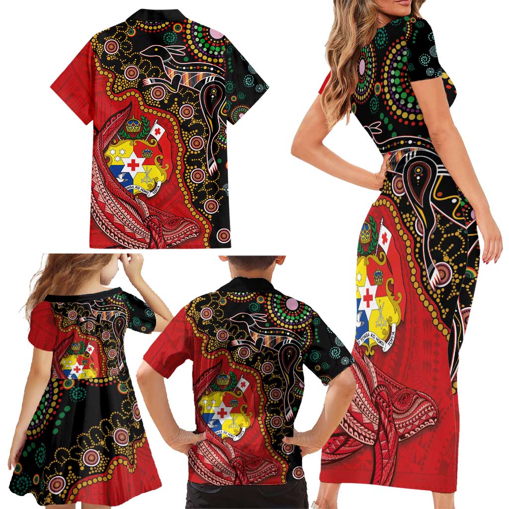 Tonga Ngatu and Australia Together Family Matching Short Sleeve Bodycon Dress and Hawaiian Shirt Polynesian Humpback Whale and Aboriginal Kangaroo LT03 - Polynesian Pride