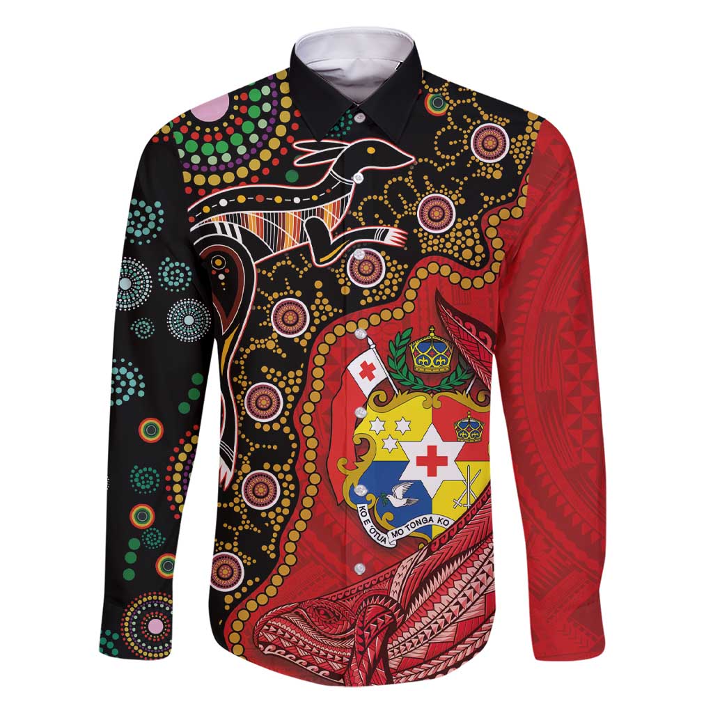 Tonga Ngatu and Australia Together Family Matching Short Sleeve Bodycon Dress and Hawaiian Shirt Polynesian Humpback Whale and Aboriginal Kangaroo LT03 Dad's Shirt - Long Sleeve Red - Polynesian Pride
