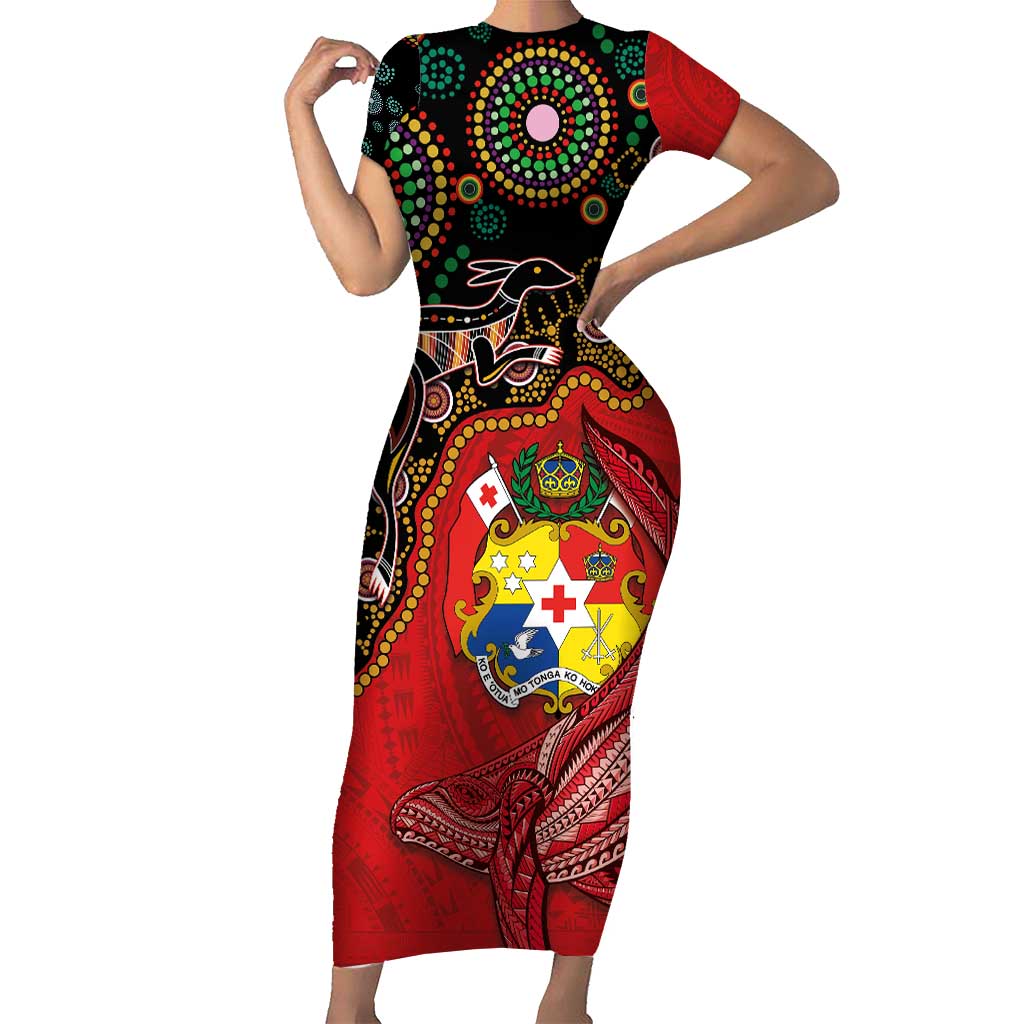 Tonga Ngatu and Australia Together Family Matching Short Sleeve Bodycon Dress and Hawaiian Shirt Polynesian Humpback Whale and Aboriginal Kangaroo LT03 Mom's Dress Red - Polynesian Pride