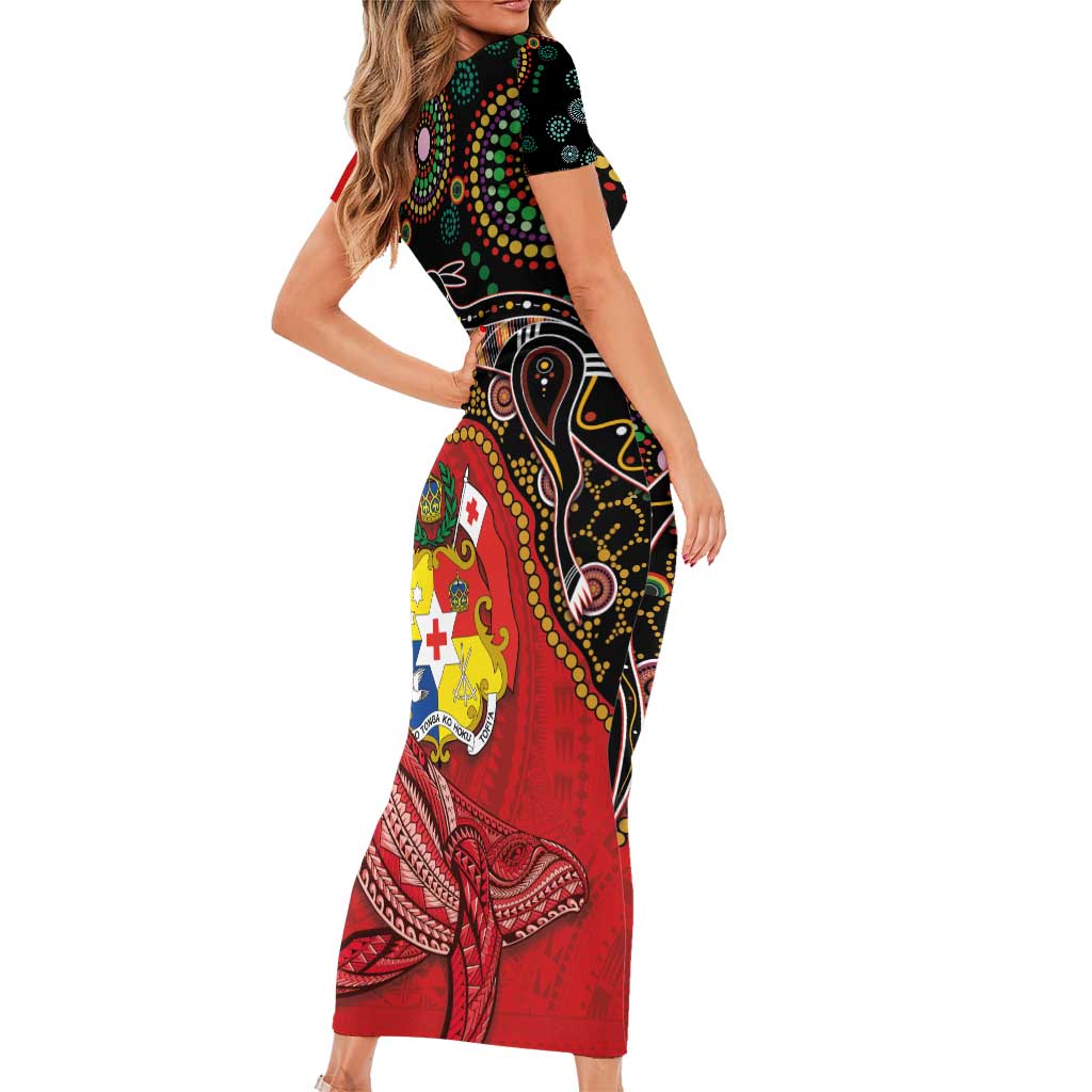 Tonga Ngatu and Australia Together Family Matching Short Sleeve Bodycon Dress and Hawaiian Shirt Polynesian Humpback Whale and Aboriginal Kangaroo LT03 - Polynesian Pride