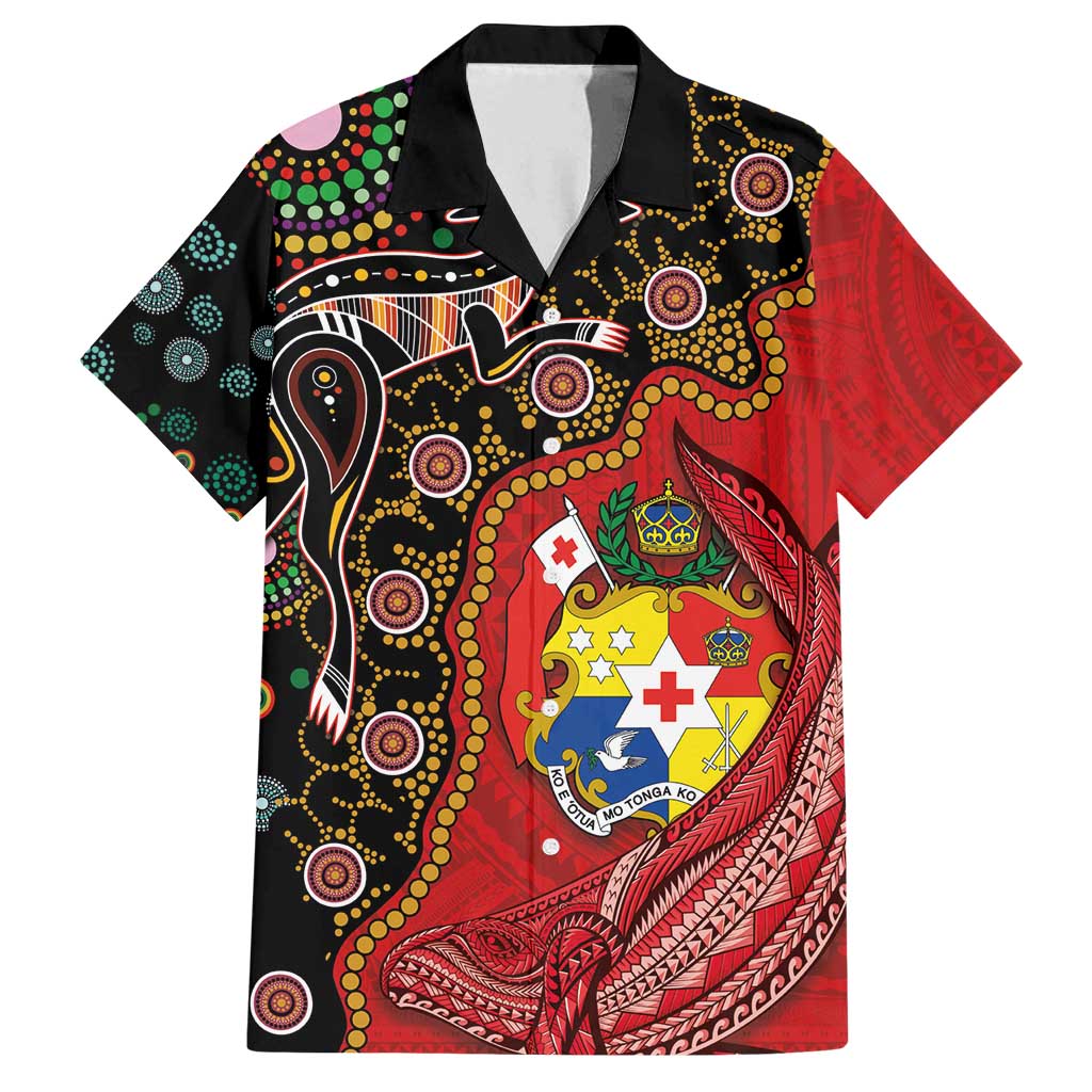 Tonga Ngatu and Australia Together Family Matching Summer Maxi Dress and Hawaiian Shirt Polynesian Humpback Whale and Aboriginal Kangaroo LT03 Dad's Shirt - Short Sleeve Red - Polynesian Pride