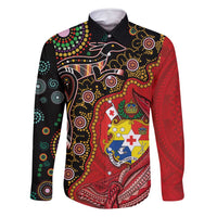 Tonga Ngatu and Australia Together Family Matching Summer Maxi Dress and Hawaiian Shirt Polynesian Humpback Whale and Aboriginal Kangaroo LT03 Dad's Shirt - Long Sleeve Red - Polynesian Pride