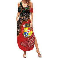 Tonga Ngatu and Australia Together Family Matching Summer Maxi Dress and Hawaiian Shirt Polynesian Humpback Whale and Aboriginal Kangaroo LT03 Mom's Dress Red - Polynesian Pride
