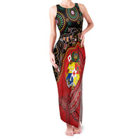 Tonga Ngatu and Australia Together Family Matching Tank Maxi Dress and Hawaiian Shirt Polynesian Humpback Whale and Aboriginal Kangaroo LT03 Mom's Dress Red - Polynesian Pride