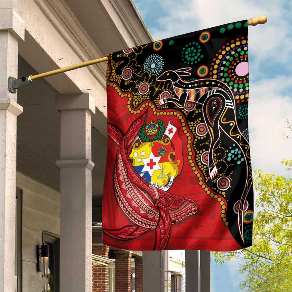 Tonga Ngatu and Australia Together Garden Flag Polynesian Humpback Whale and Aboriginal Kangaroo LT03 House Flag Red - Polynesian Pride