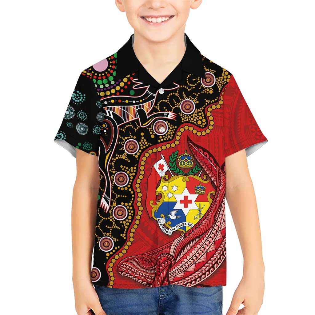 Tonga Ngatu and Australia Together Kid Hawaiian Shirt Polynesian Humpback Whale and Aboriginal Kangaroo LT03 Kid Red - Polynesian Pride