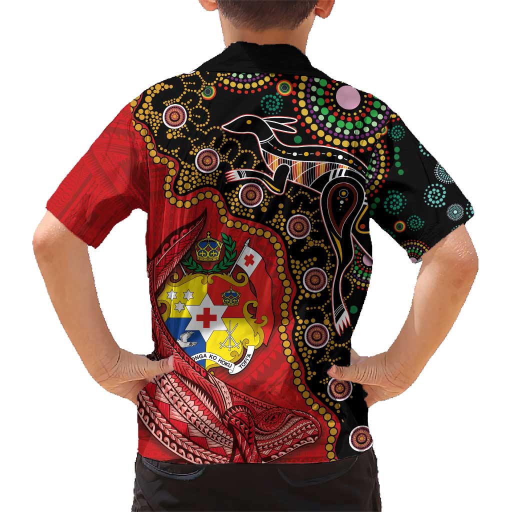 Tonga Ngatu and Australia Together Kid Hawaiian Shirt Polynesian Humpback Whale and Aboriginal Kangaroo LT03 - Polynesian Pride
