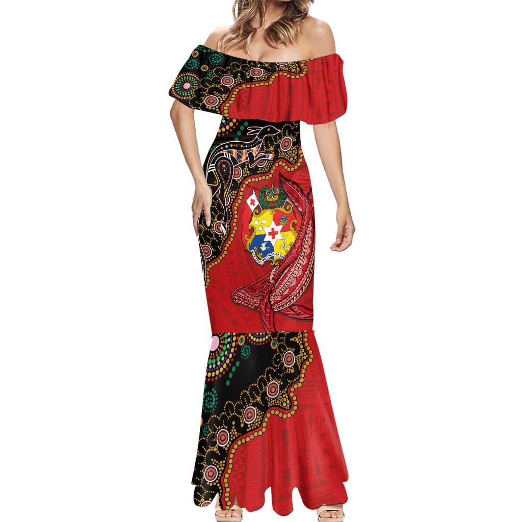 Tonga Ngatu and Australia Together Mermaid Dress Polynesian Humpback Whale and Aboriginal Kangaroo