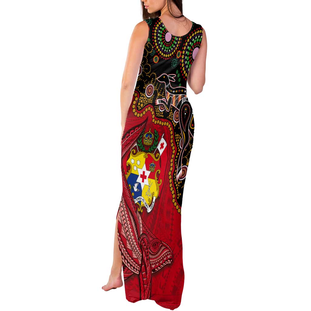 Tonga Ngatu and Australia Together Tank Maxi Dress Polynesian Humpback Whale and Aboriginal Kangaroo
