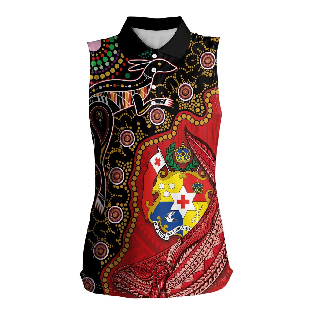 Tonga Ngatu and Australia Together Women Sleeveless Polo Shirt Polynesian Humpback Whale and Aboriginal Kangaroo LT03 Female Red - Polynesian Pride